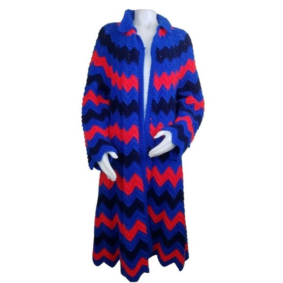 Crochet Granny Square Coat XL Cardigan Handmade Afghan Chevron Rainbow Red Blue - Picture 11 of 11